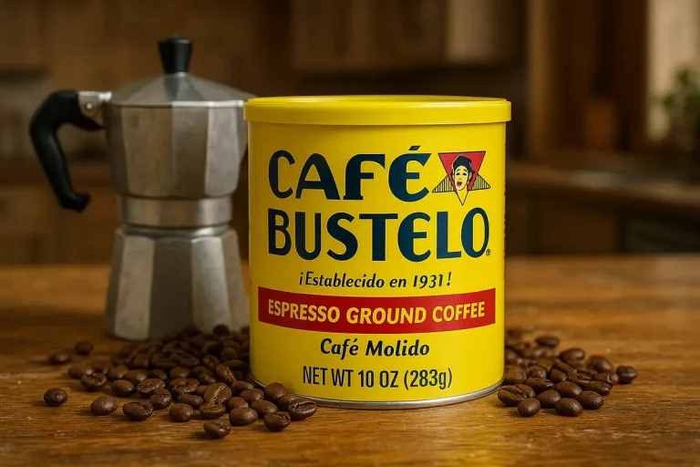 Paquete de café Bustelo junto a una taza de café espresso