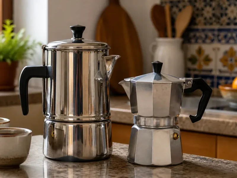 Percoladora junto a una cafetera italiana moka, comparación de métodos