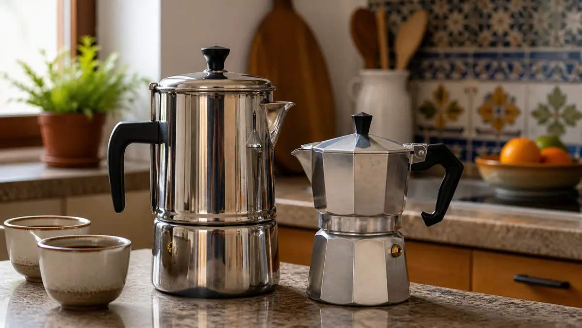 Percoladora junto a una cafetera italiana moka, comparación de métodos