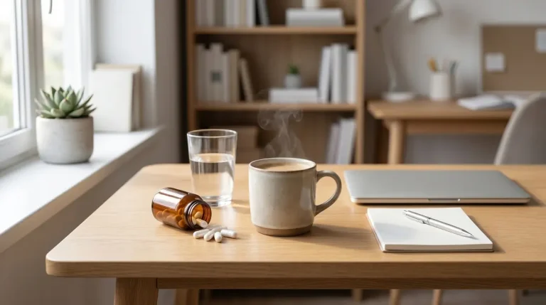 Taza de café junto a hojas de té verde, concepto de cafeína y L-teanina para la concentración