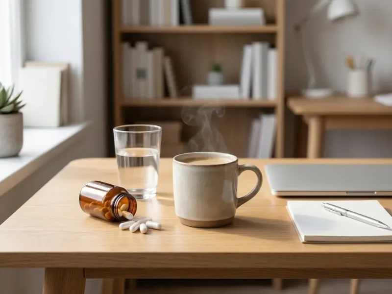 Taza de café junto a hojas de té verde, concepto de cafeína y L-teanina para la concentración