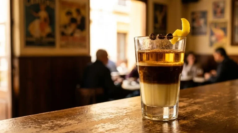 Café asiático de Cartagena en copa de cristal con capas de leche condensada, café y licor, canela y limón