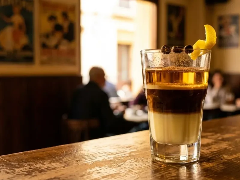 Café asiático de Cartagena en copa de cristal con capas de leche condensada, café y licor, canela y limón