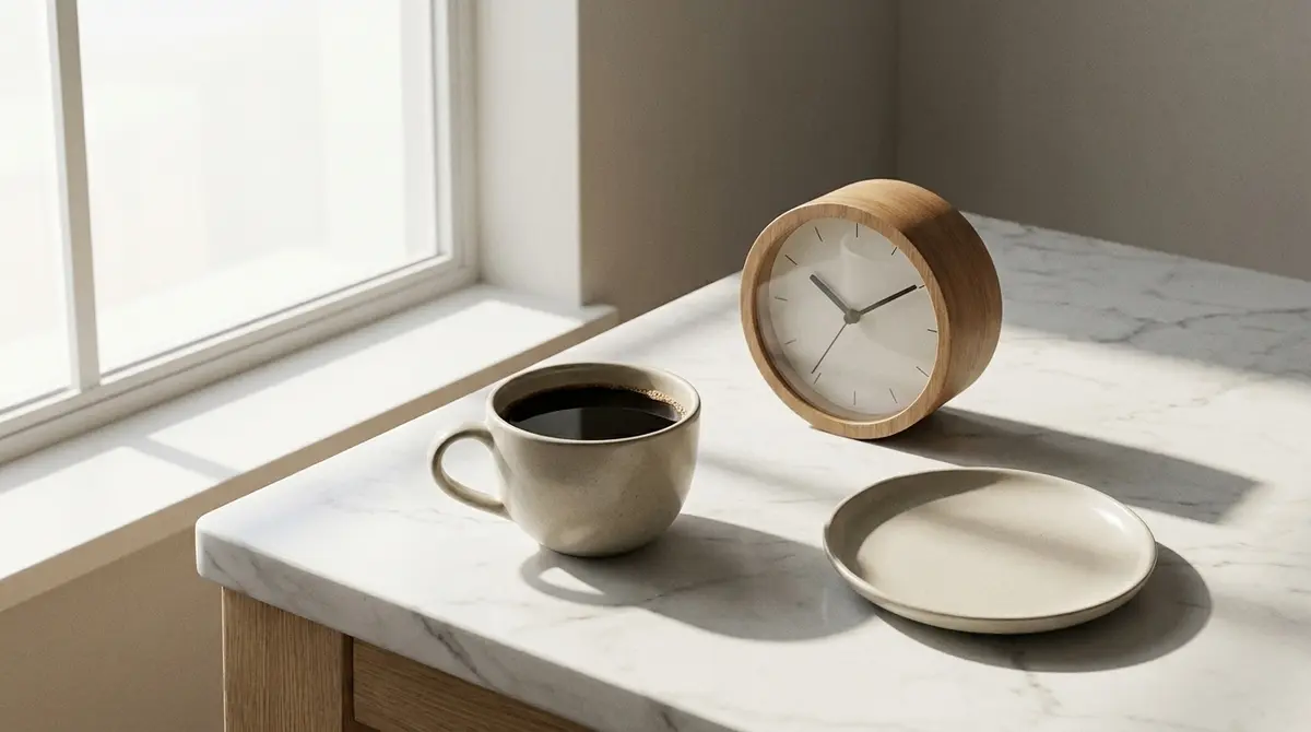 Taza de café solo junto a un reloj, concepto de café y ayuno intermitente