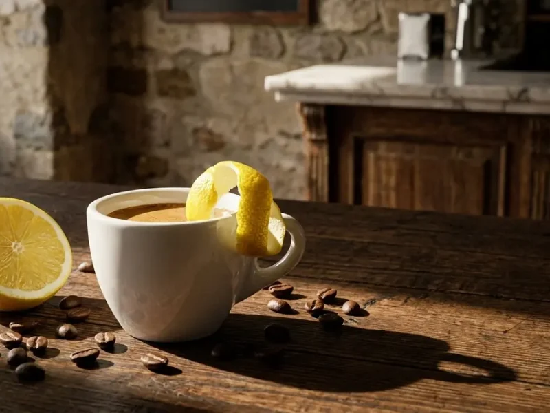Espresso con una tira de piel de limón en el borde de la taza, estilo espresso romano