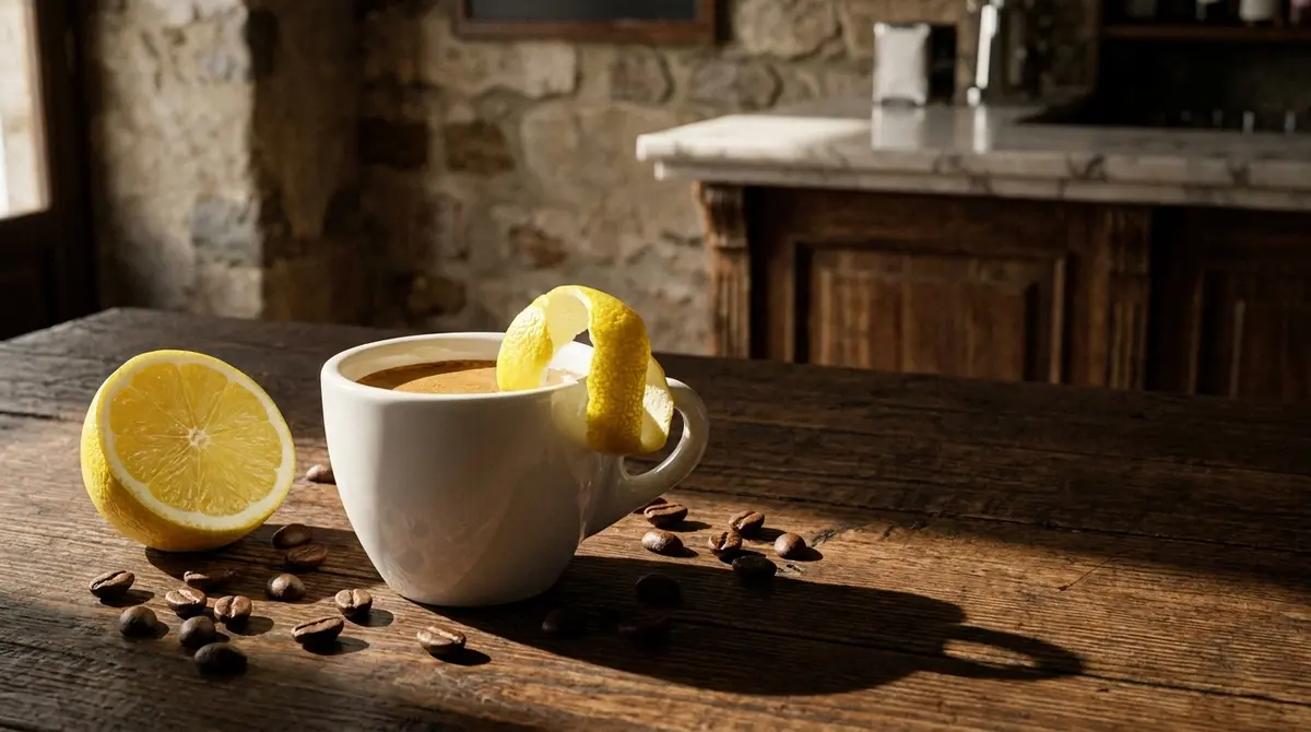 Espresso con una tira de piel de limón en el borde de la taza, estilo espresso romano