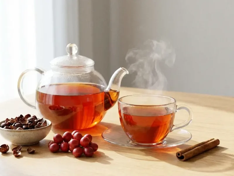 Infusión de cáscara de café de color ámbar junto a cerezas de café secas