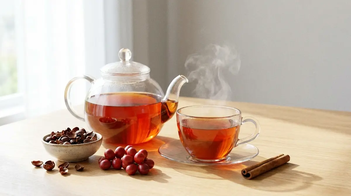 Infusión de cáscara de café de color ámbar junto a cerezas de café secas