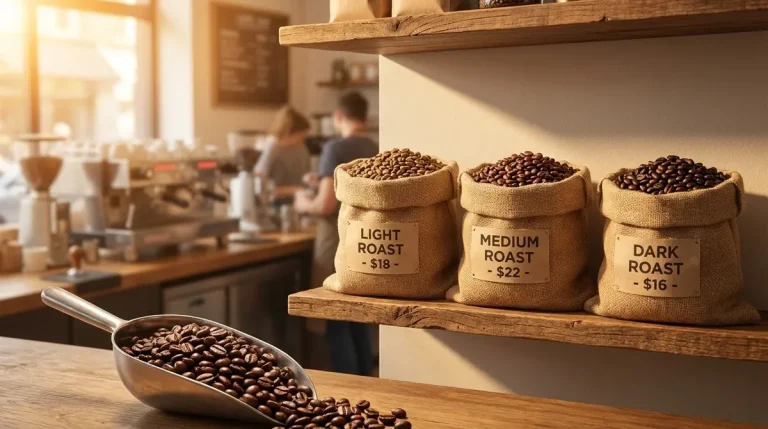 Bolsas de café en grano de calidad con granos tostados en primer plano