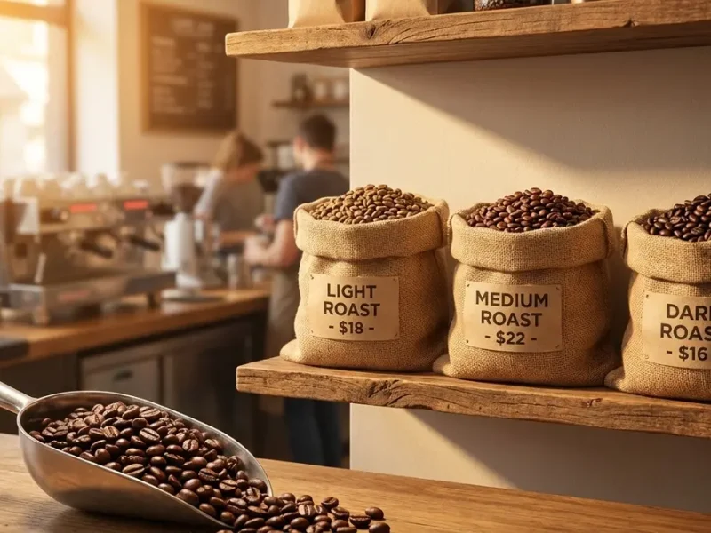 Bolsas de café en grano de calidad con granos tostados en primer plano