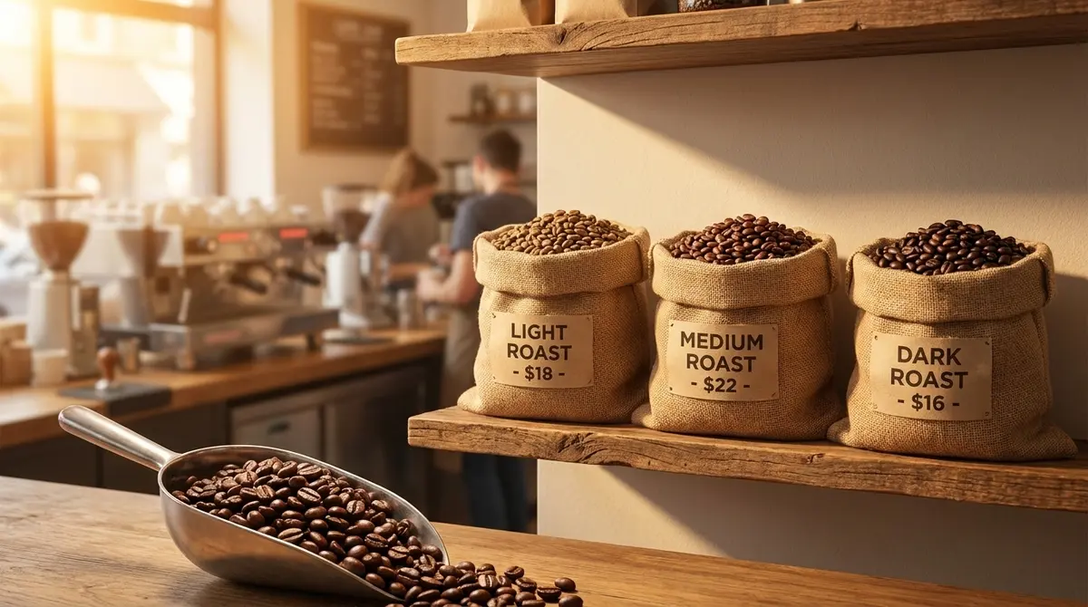 Bolsas de café en grano de calidad con granos tostados en primer plano