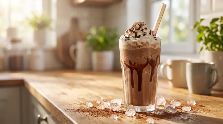 Mocha frappé casero con hielo, nata y cacao en un vaso alto