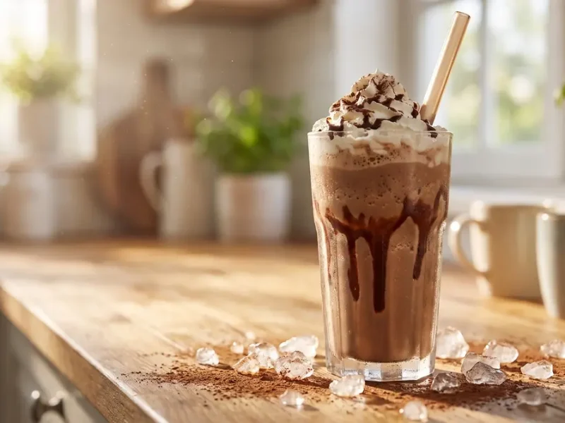 Mocha frappé casero con hielo, nata y cacao en un vaso alto