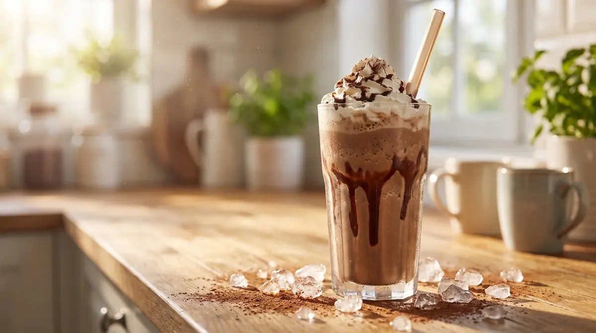 Mocha frappé casero con hielo, nata y cacao en un vaso alto
