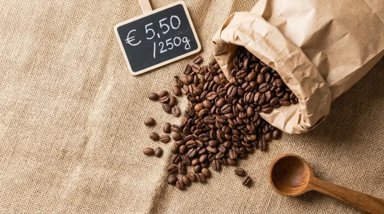 Granos de café junto a una etiqueta de precio, concepto del precio del café en España