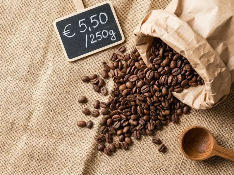 Granos de café junto a una etiqueta de precio, concepto del precio del café en España