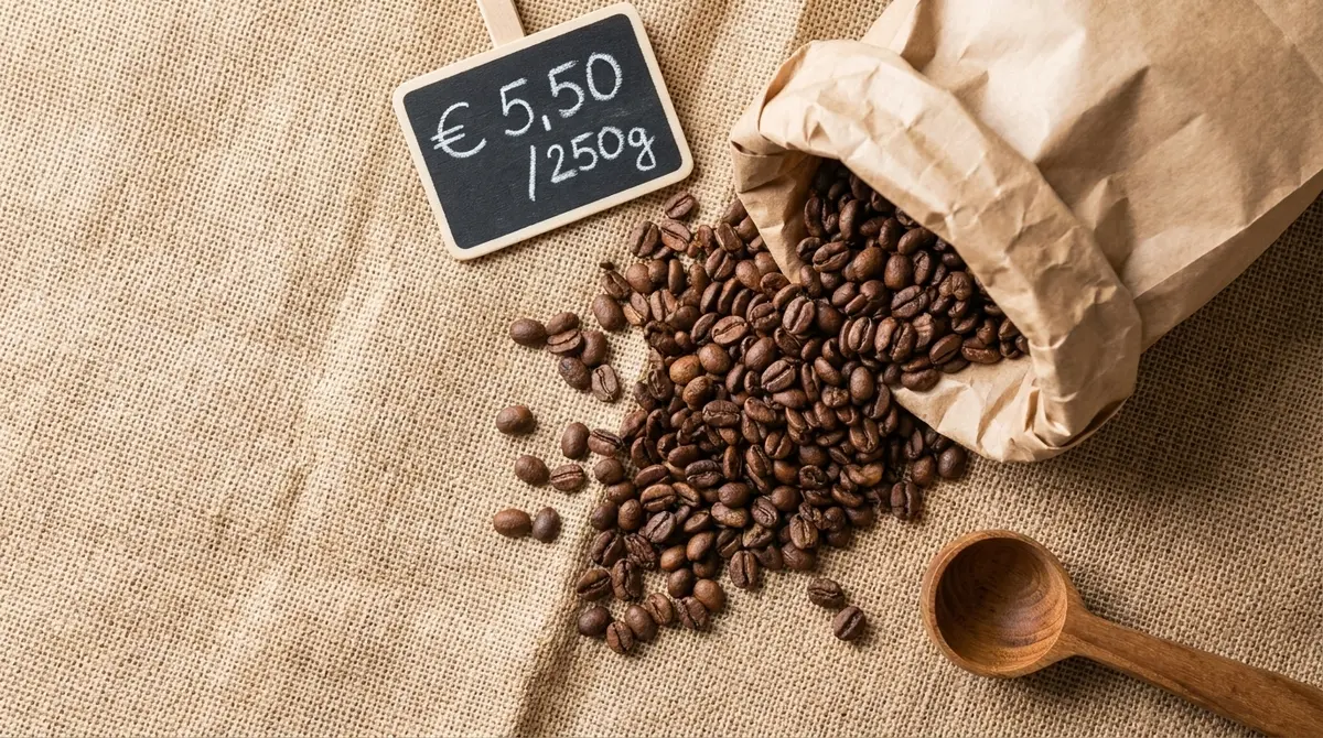 Granos de café junto a una etiqueta de precio, concepto del precio del café en España