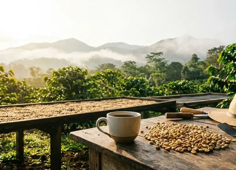Taza de café de Costa Rica junto a granos secándose en proceso honey