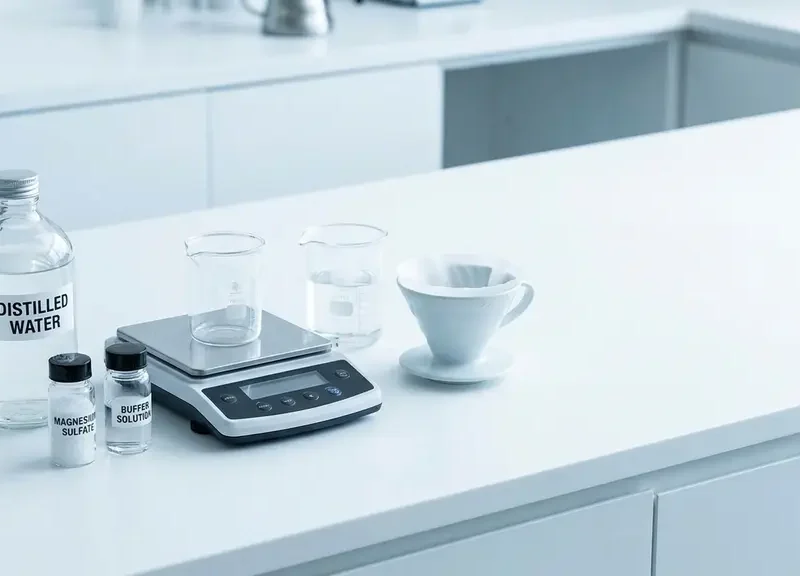 Montaje para construir el agua del café con agua destilada y sales minerales