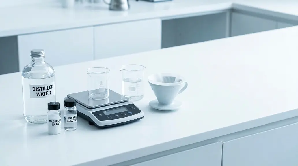 Montaje para construir el agua del café con agua destilada y sales minerales