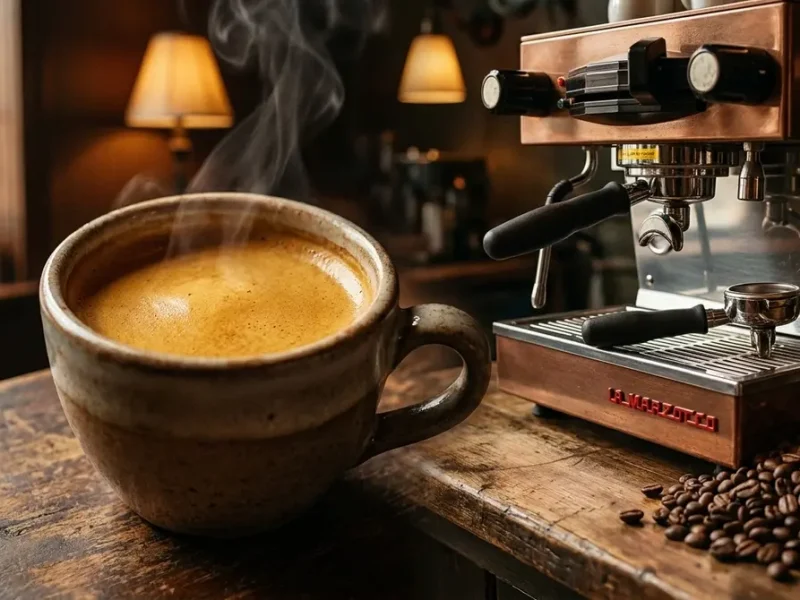Café doppio o espresso doble con crema dorada en una taza pequeña