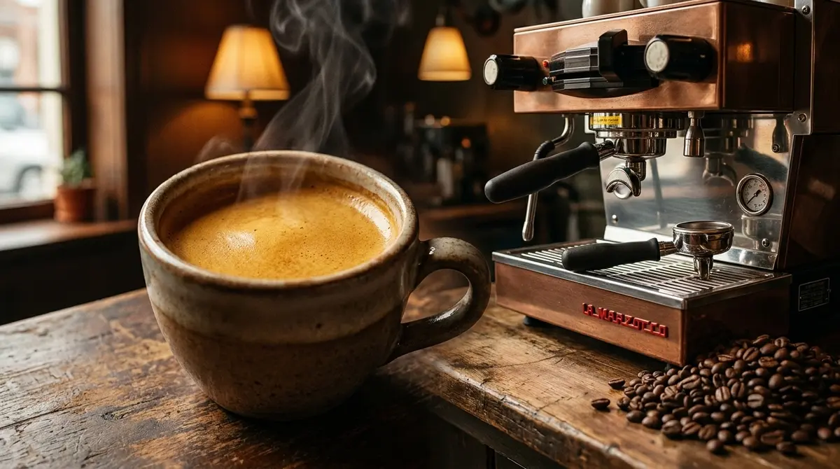 Café doppio o espresso doble con crema dorada en una taza pequeña