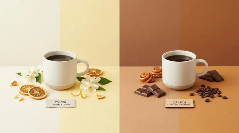 Dos tazas de café comparando el perfil aromático de Etiopía y el de Colombia