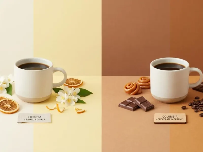 Dos tazas de café comparando el perfil aromático de Etiopía y el de Colombia