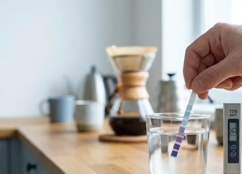 Tira reactiva midiendo la dureza del agua junto a un vaso de agua