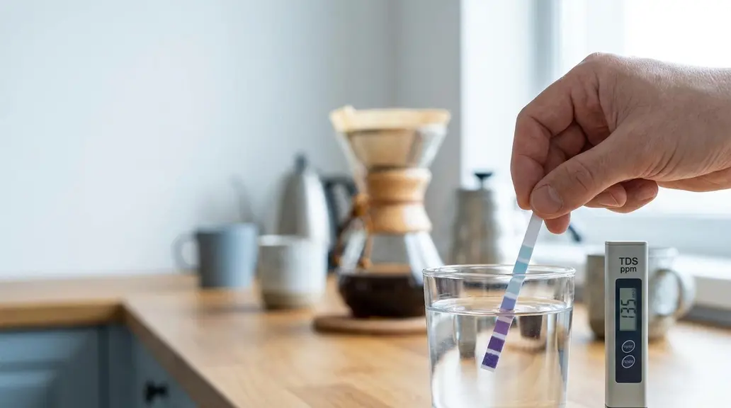 Tira reactiva midiendo la dureza del agua junto a un vaso de agua