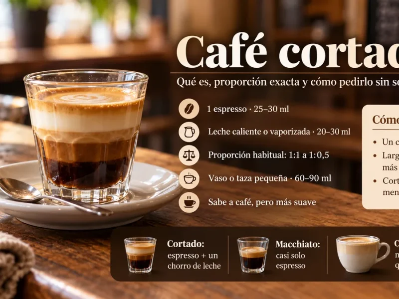 Café cortado servido en vaso de cristal, con espresso, leche vaporizada y guía de proporciones
