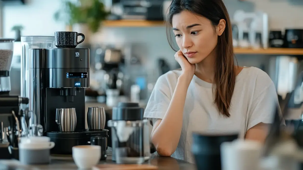 Mujer observando una máquina de café espresso profesional en una cafetería