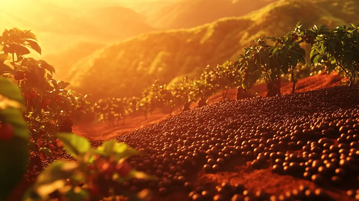 Plantación de café brasileña iluminada por la luz cálida del atardecer