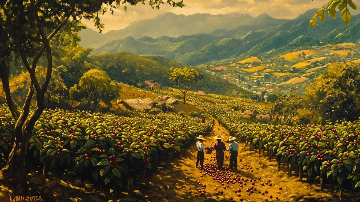 Ilustración de un paisaje de plantación de café colombiana con trabajadores caminando entre los cafetales