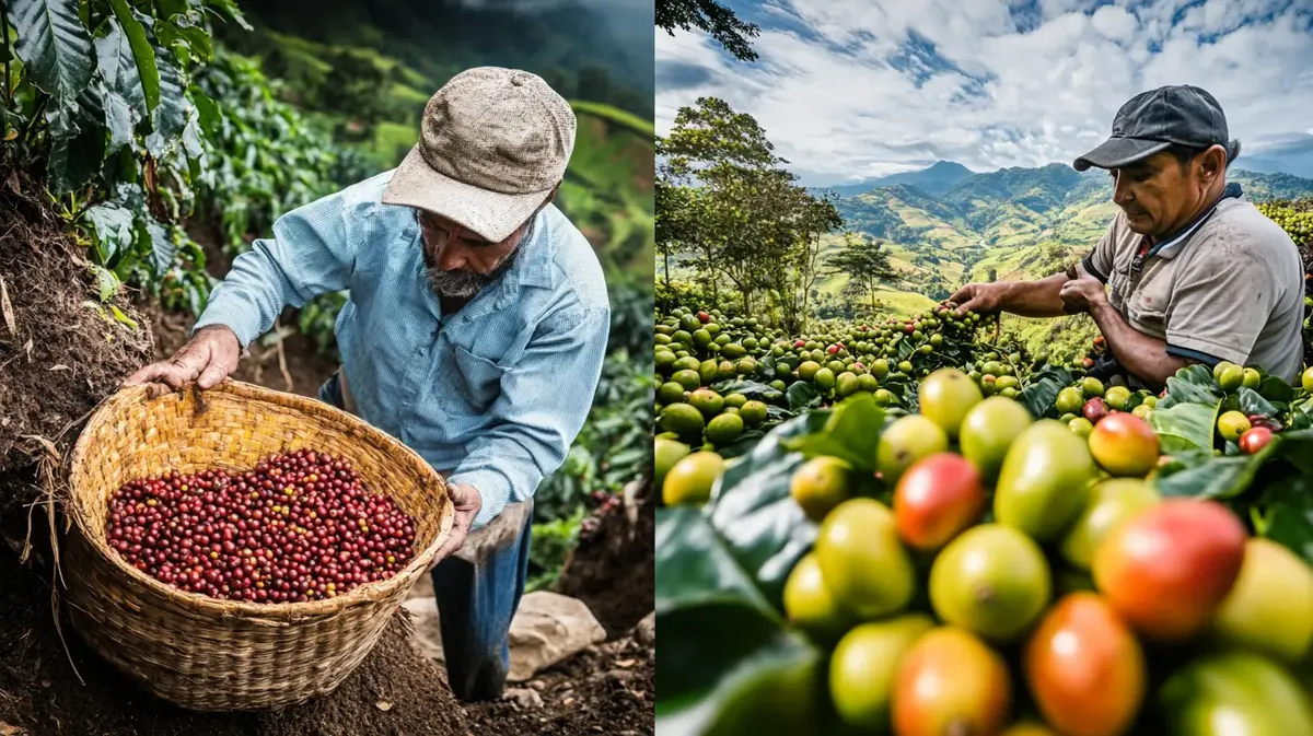 Comparativa de un agricultor con una cesta de cerezas de café y un paisaje de plantación, representando el terroir de Colombia y Brasil