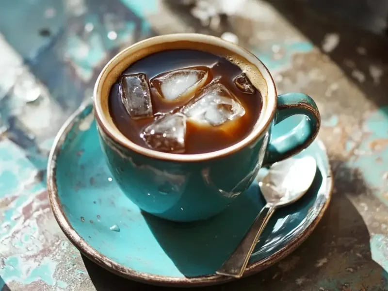 Café cortado con hielo servido en vaso, café frío tradicional español