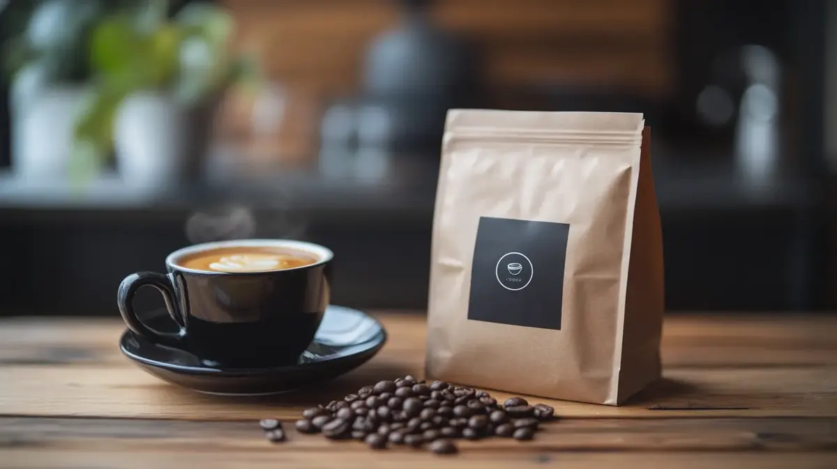 Taza de café de especialidad junto a una bolsa de café en grano sobre una mesa de madera