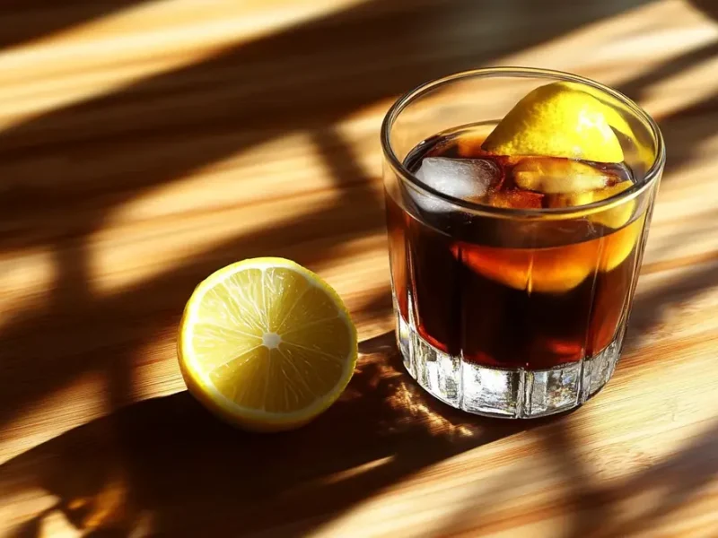 Café del tiempo servido con hielo y rodaja de limón en un vaso