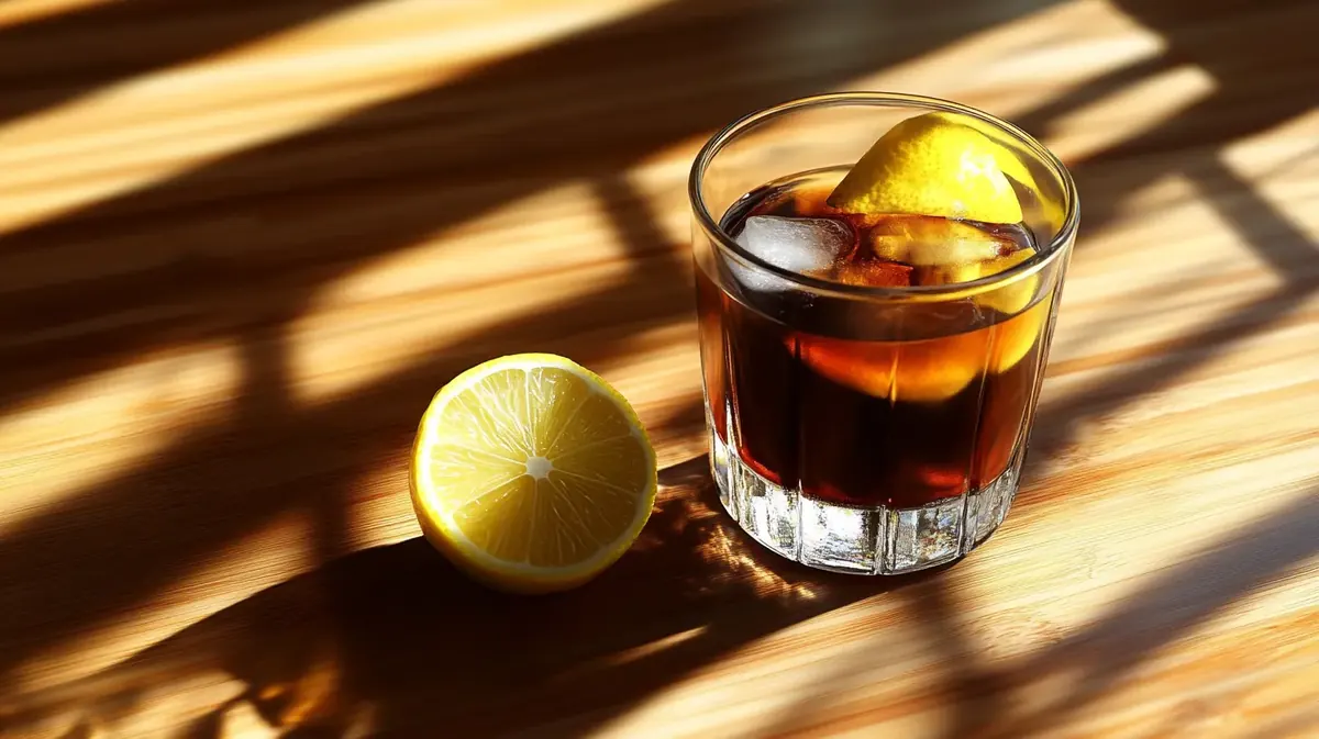 Café del tiempo servido con hielo y rodaja de limón en un vaso