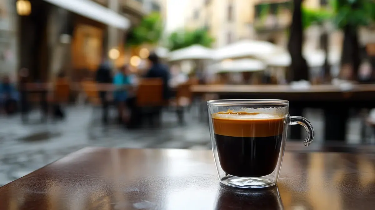 Taza de café espresso servida sobre una mesa de una terraza