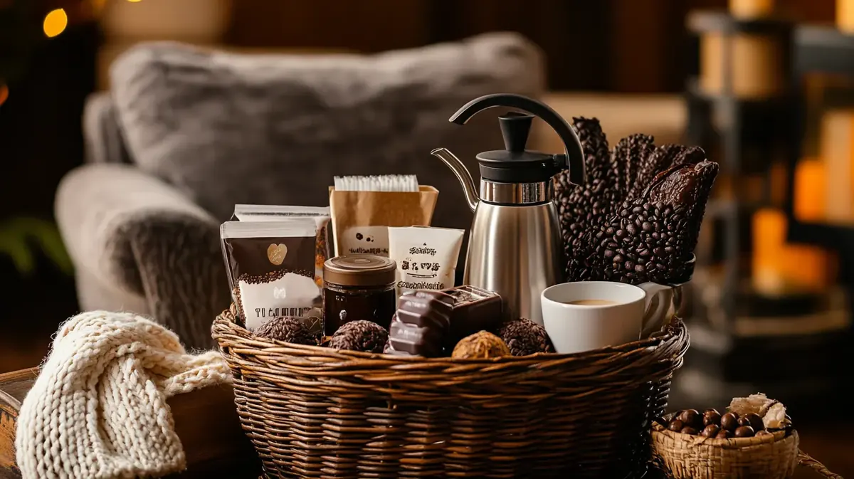Cesta de regalo con artículos de temática cafetera, tazas y bufandas