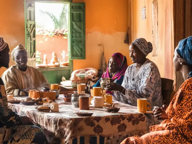 Familia senegalesa preparando café Touba con especias