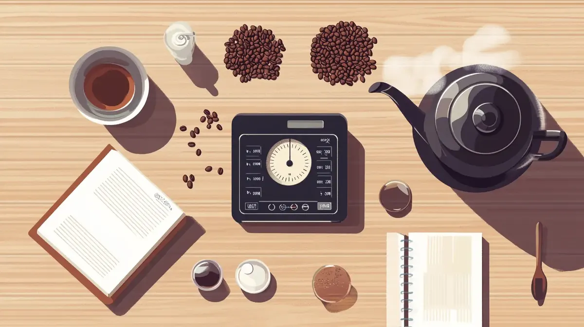 Ilustración de una báscula de precisión, granos de café y una cafetera para calcular la proporción de agua y café