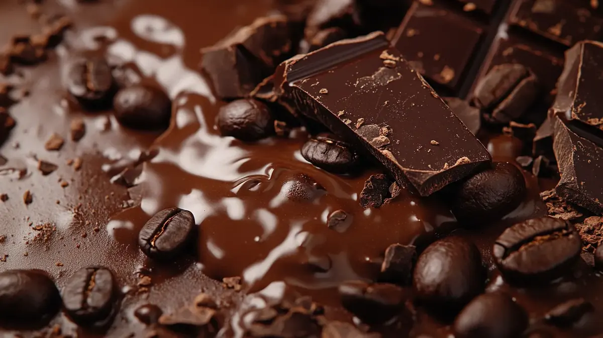 Trozos de chocolate derretido junto a granos de café en primer plano