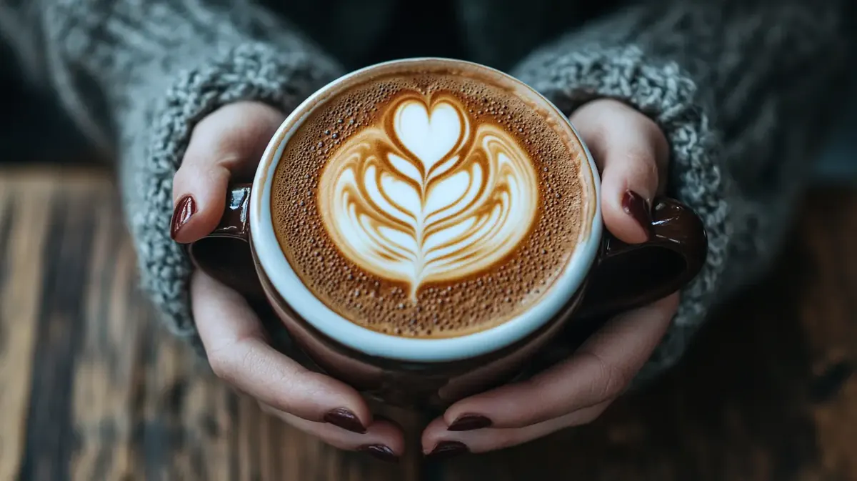 Manos sosteniendo una taza de café con leche con latte art en forma de corazón