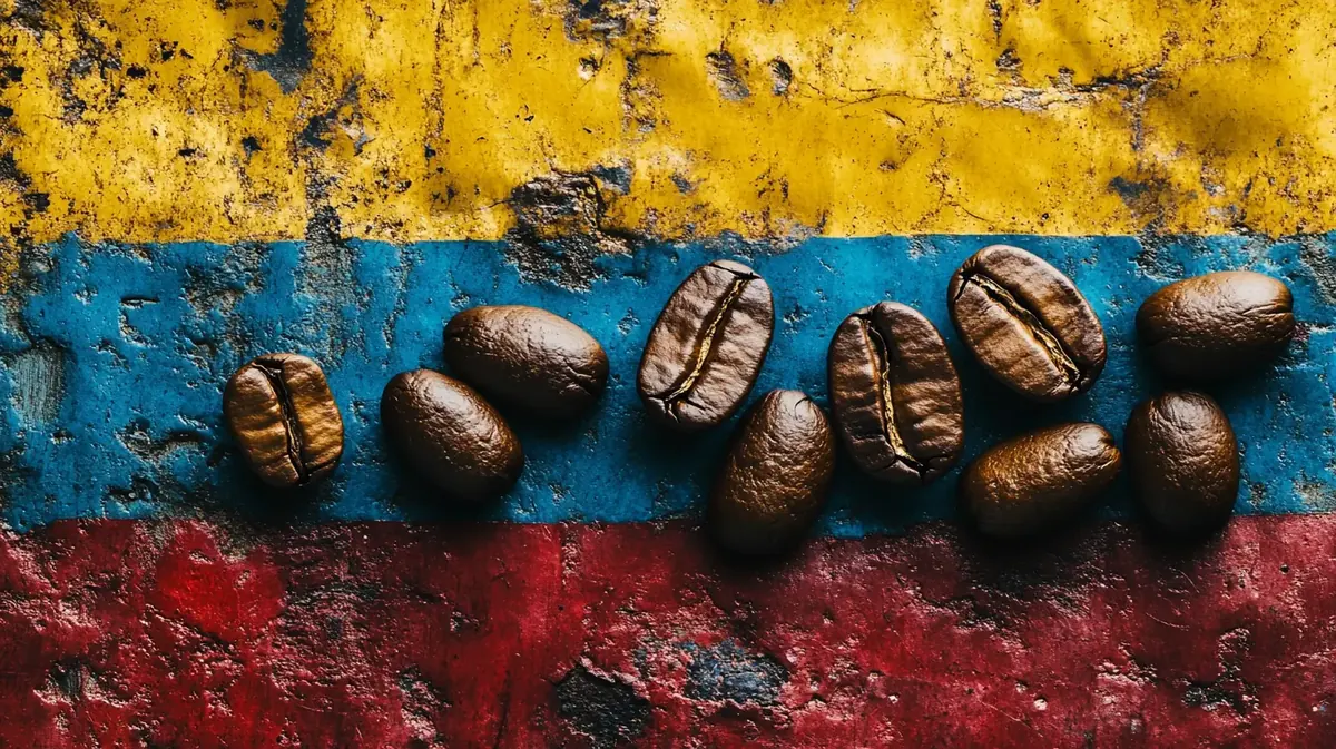 Granos de café tostado sobre los colores de la bandera de Colombia