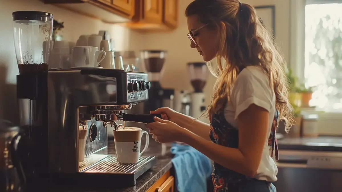 Barista profesional utilizando una cafetera espresso en una cafetería