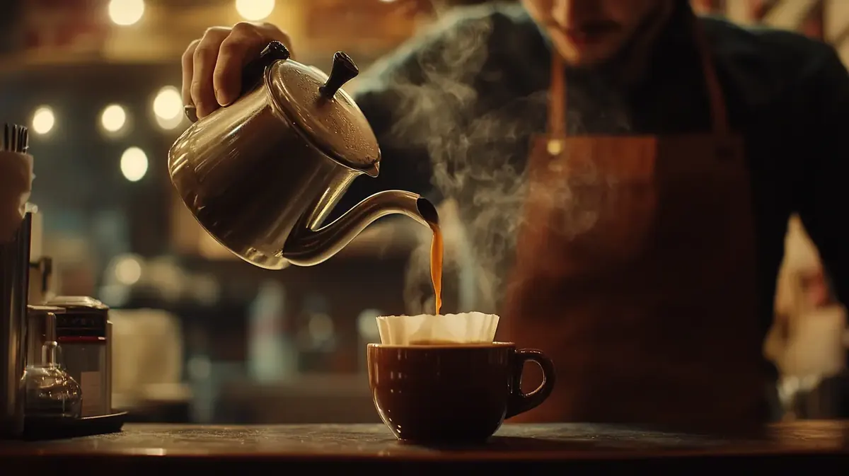 Barista sirviendo café descafeinado desde una tetera en una cafetería