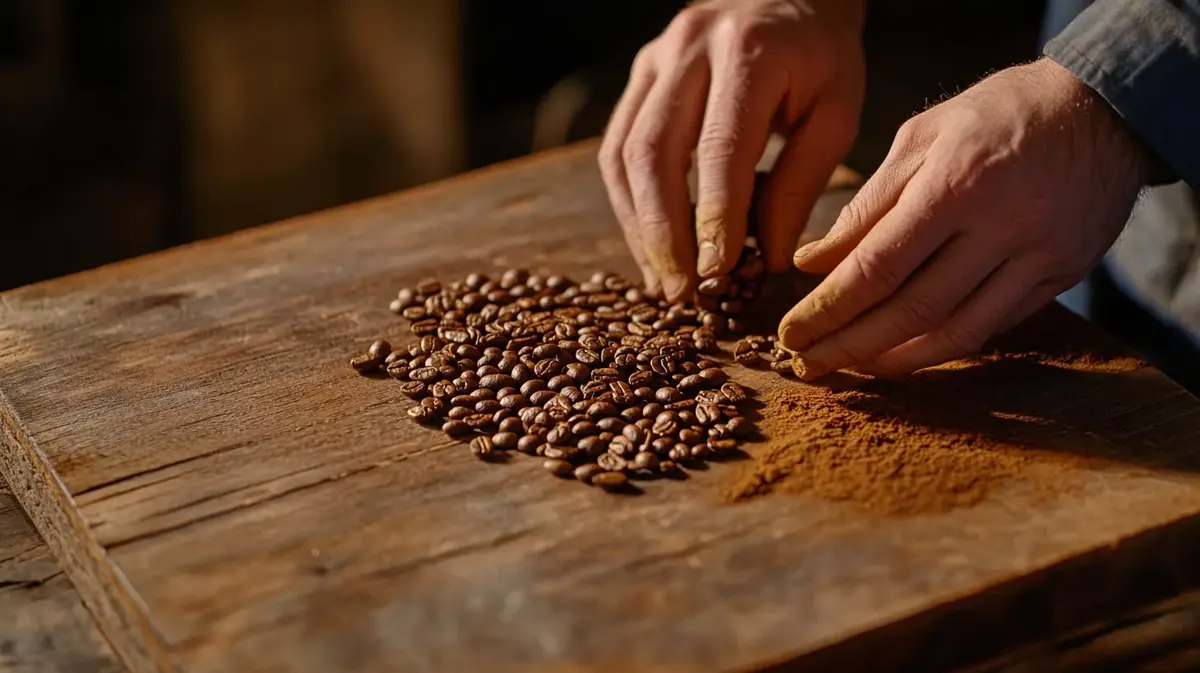 Manos seleccionando granos de café sobre una mesa de madera
