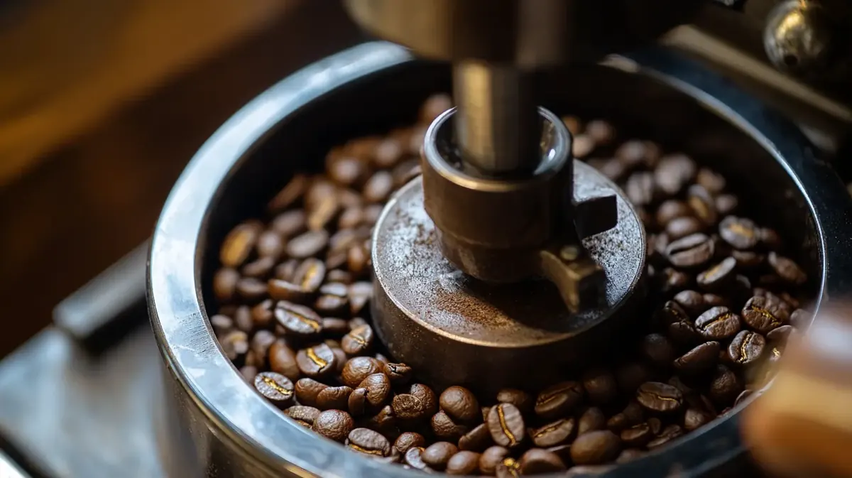 Molinillo de café manual visto desde arriba lleno de granos de café